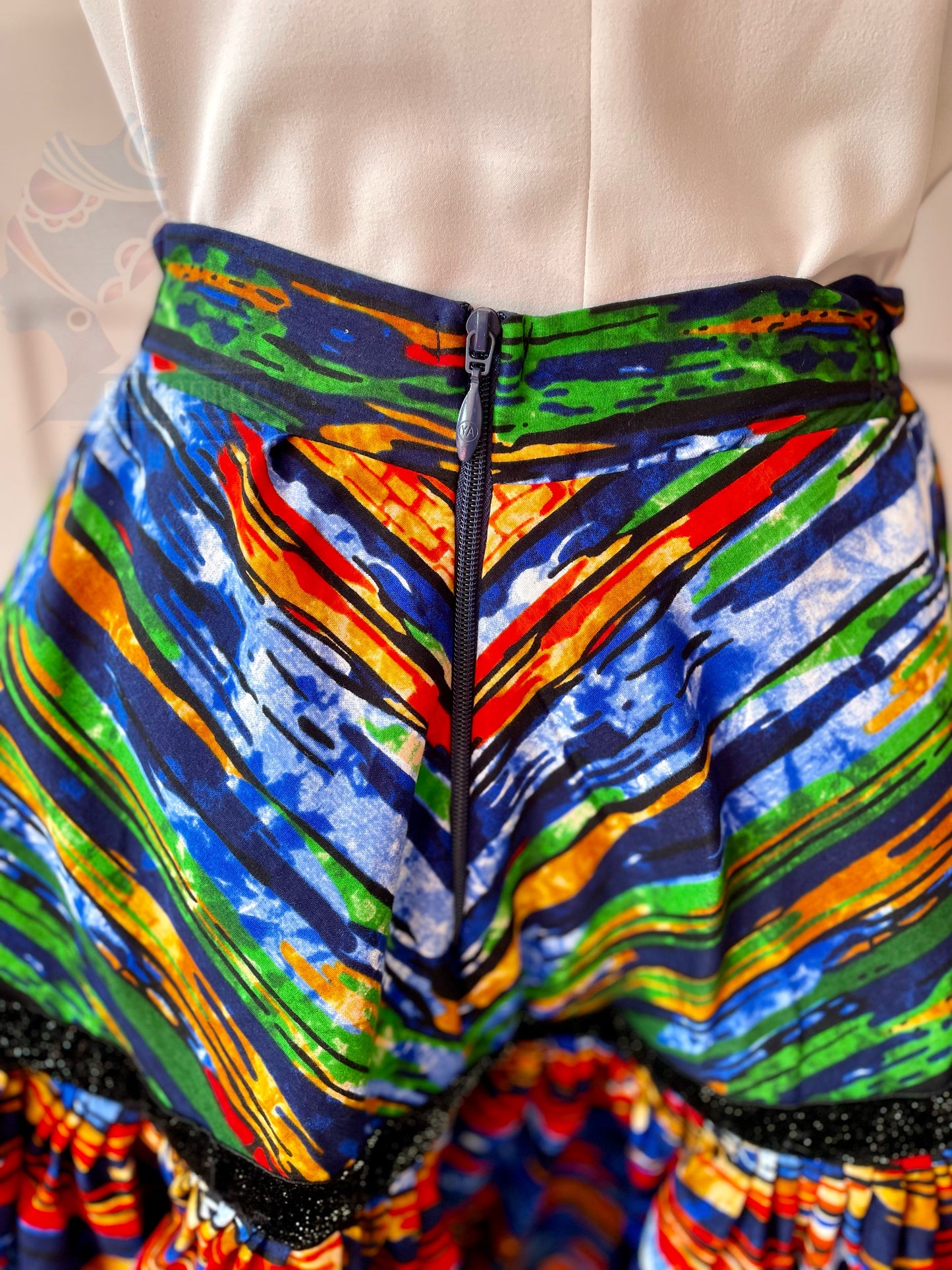 Rimi - African Themed Ankara Kitenge Multicoloured Striped patterned Tribal Short Asymmetric Skirt with lining For up to Sizes UK 22