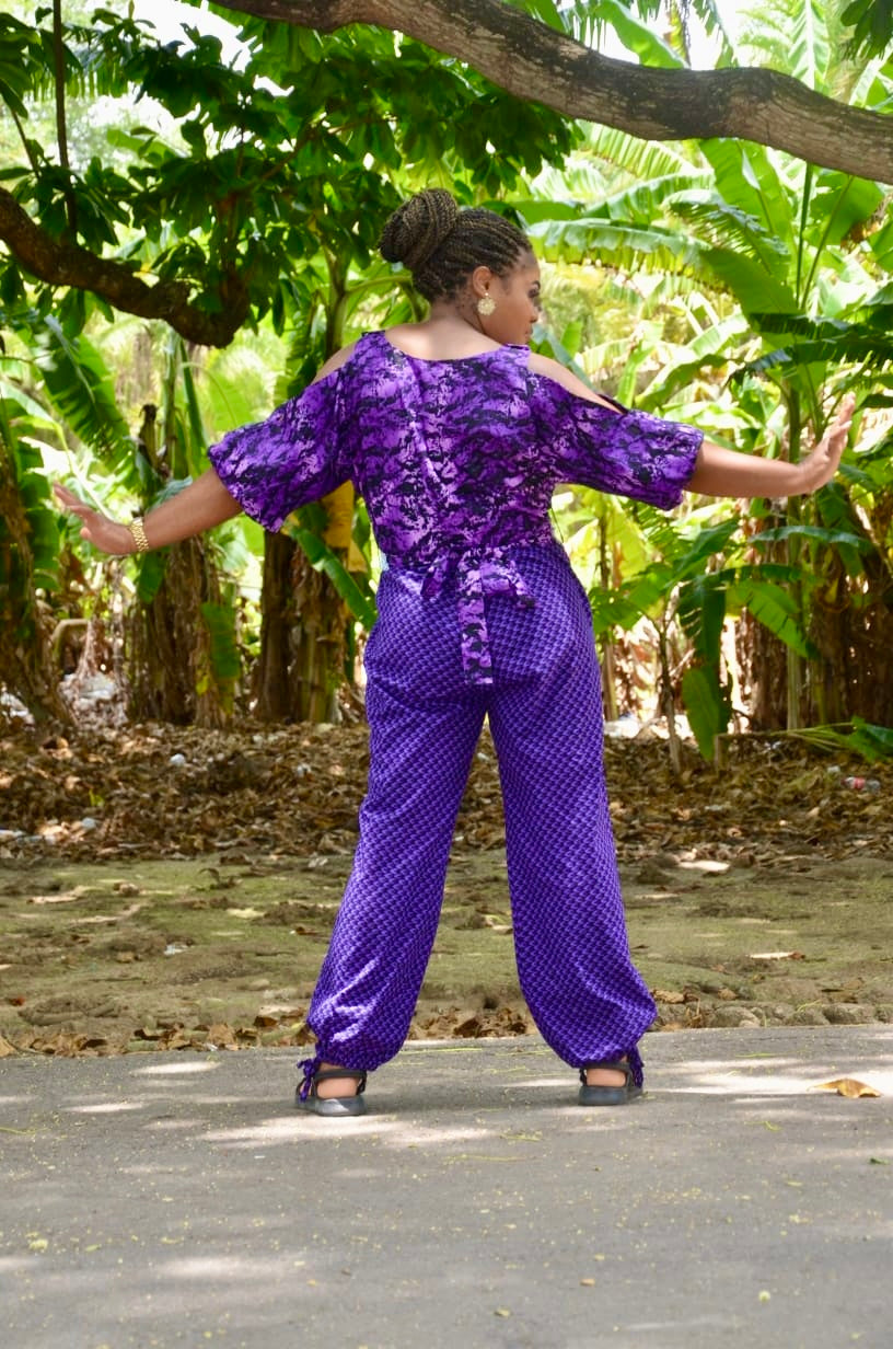 Somọ - Purple Ankara Baggy Jumpsuit Romper appliquéd and rhinestoned removable belt fastened at shoulder dual sized UK Medium to UK XXL