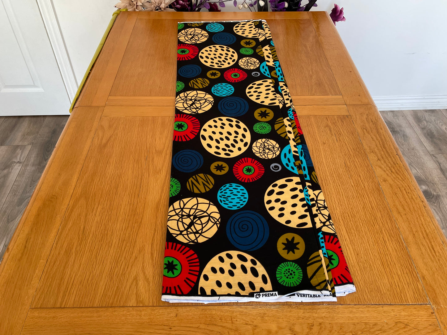 Masara - African Ankara Kitenge Cotton Dressmaking Crafter Fabric Sold by the Yard Multicolored Red/Black/Orange Circle Patterned Fabric