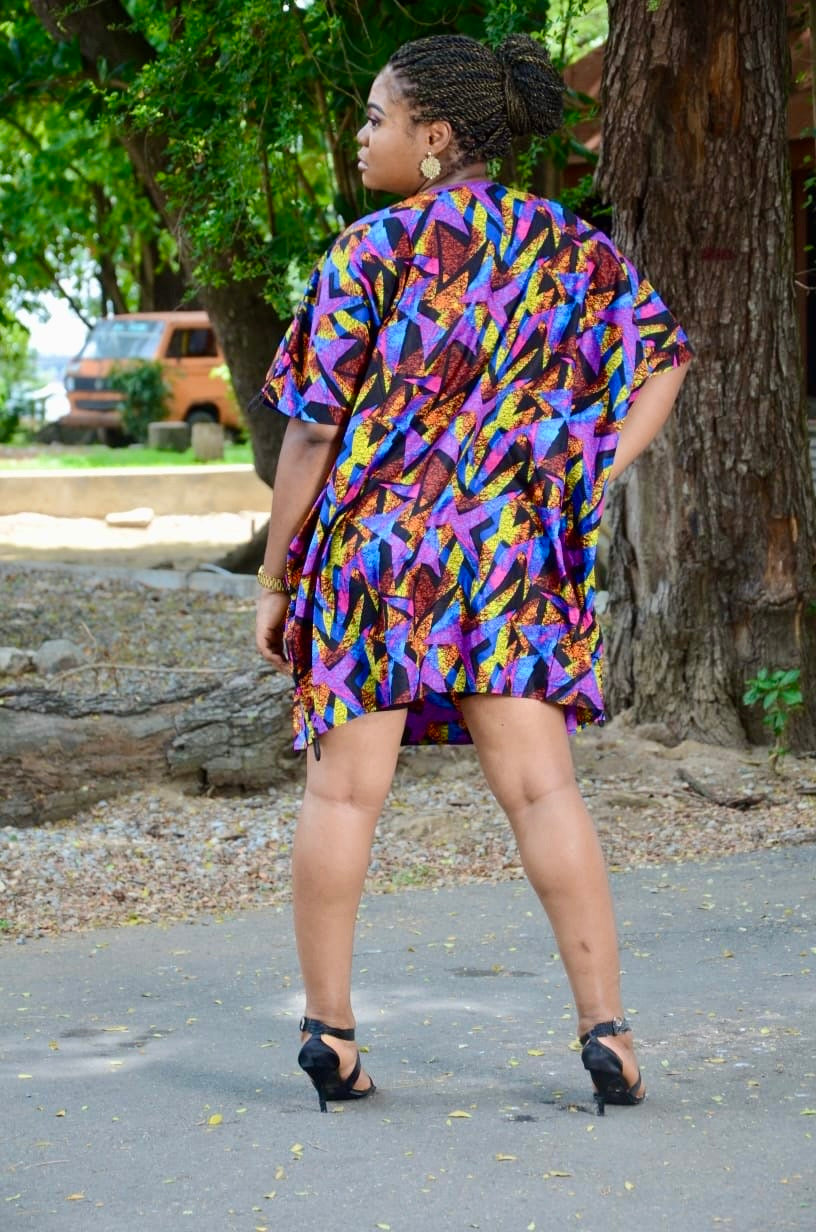 Orente - African Print Woman Short Danshiki Tunic Maxi Shirt Dress Multi coloured Top string with adjustable shoulder and hem Fits UK S - XXL