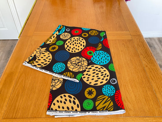 Masara - African Ankara Kitenge Cotton Dressmaking Crafter Fabric Sold by the Yard Multicolored Red/Black/Orange Circle Patterned Fabric