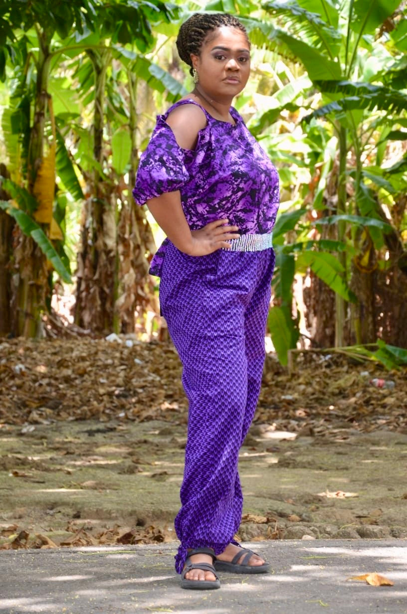 Somọ - Purple Ankara Baggy Jumpsuit Romper appliquéd and rhinestoned removable belt fastened at shoulder dual sized UK Medium to UK XXL