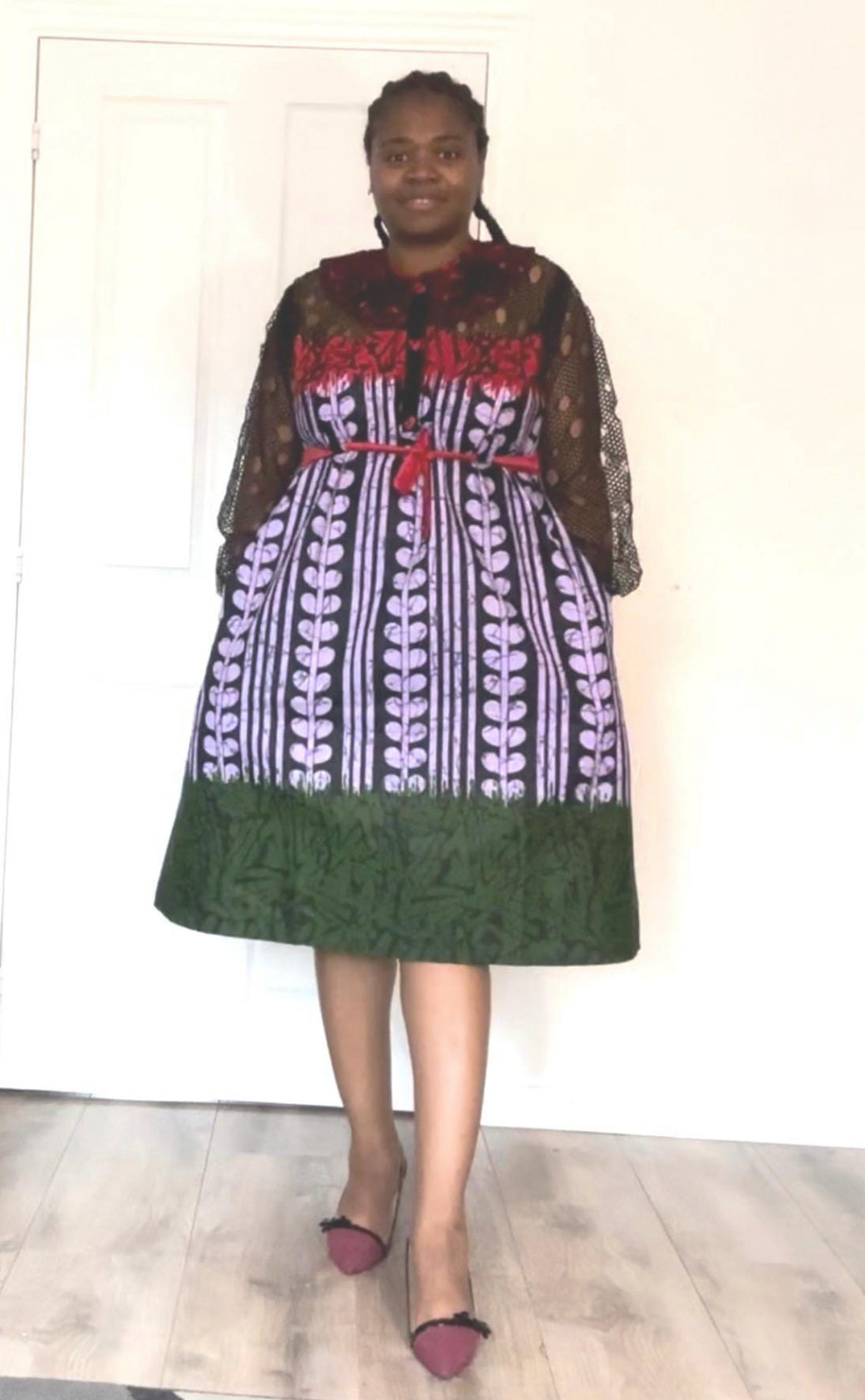 Uyọ - African Themed Ankara Kitenge Multicolour Tribal Patterned Dress with Soft Laced Long Sleeves, Sizes UK 12 - 22, African Fashion