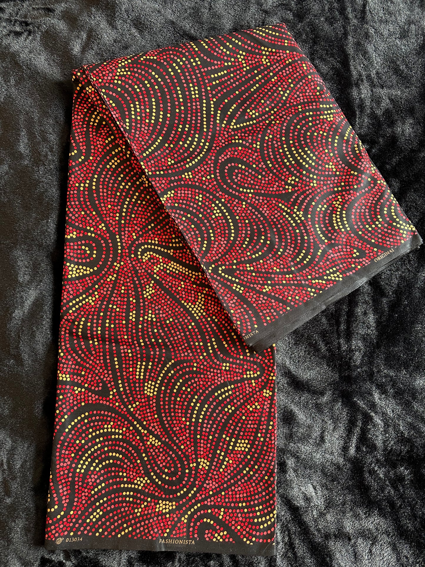 Ije - African Ankara Kitenge Cotton Dressmaking Crafter Fabric Sold by the Yard Multicolored Red/Yellow/Black Swirl and Dot Patterned Fabric