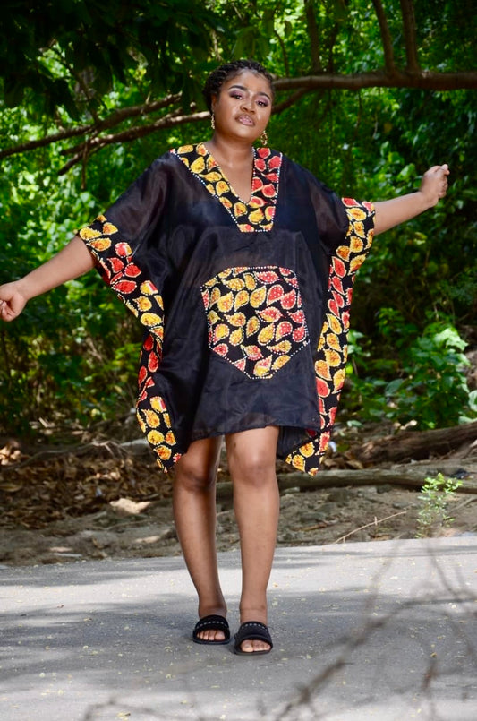 Laraba - African Print Organdi Woman Short Tunic Swing Maxi Shirt Dress Two Tone One Size Fits S - XL