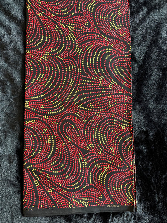 Ije - African Ankara Kitenge Cotton Dressmaking Crafter Fabric Sold by the Yard Multicolored Red/Yellow/Black Swirl and Dot Patterned Fabric