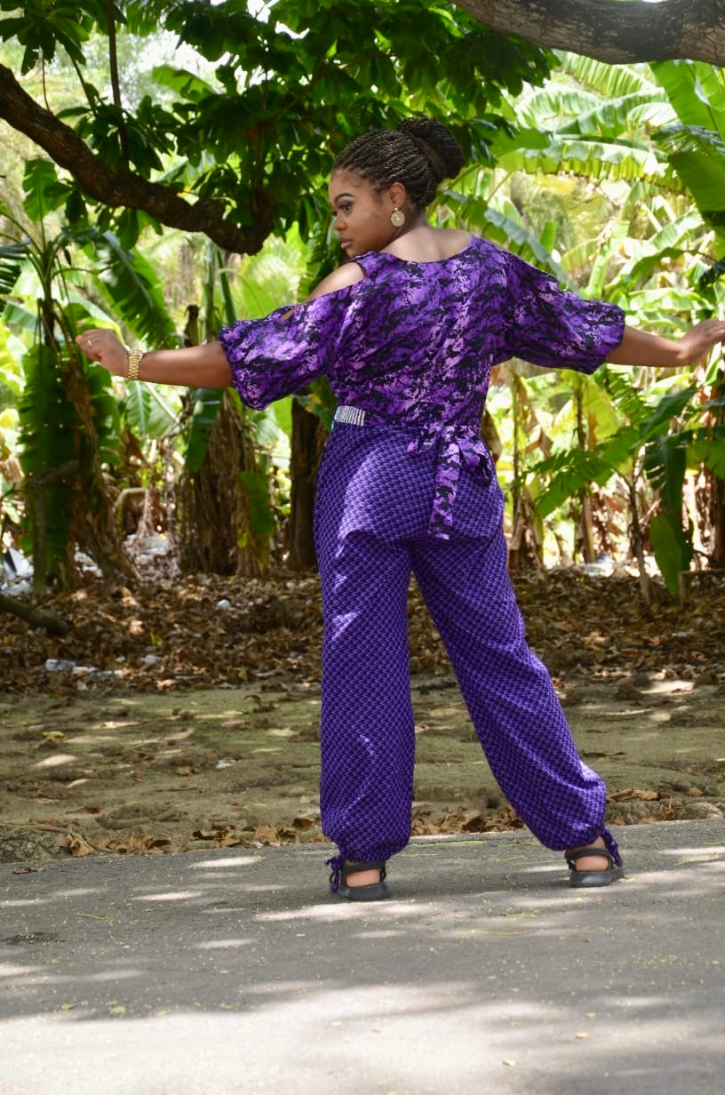 Somọ - Purple Ankara Baggy Jumpsuit Romper appliquéd and rhinestoned removable belt fastened at shoulder dual sized UK Medium to UK XXL