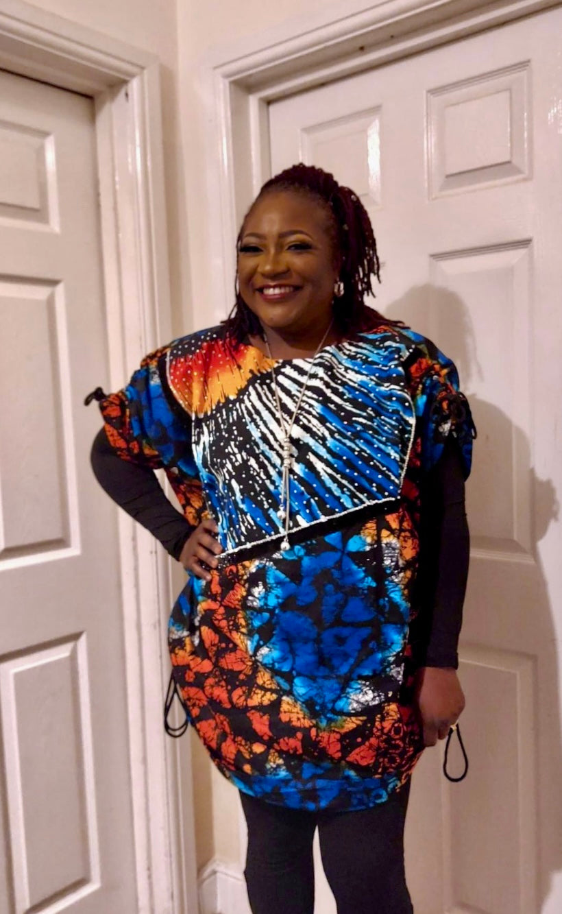 Orente - African Print Woman Short Danshiki Tunic Maxi Shirt Dress Multi coloured Top string with adjustable shoulder and hem Fits UK S - XXL