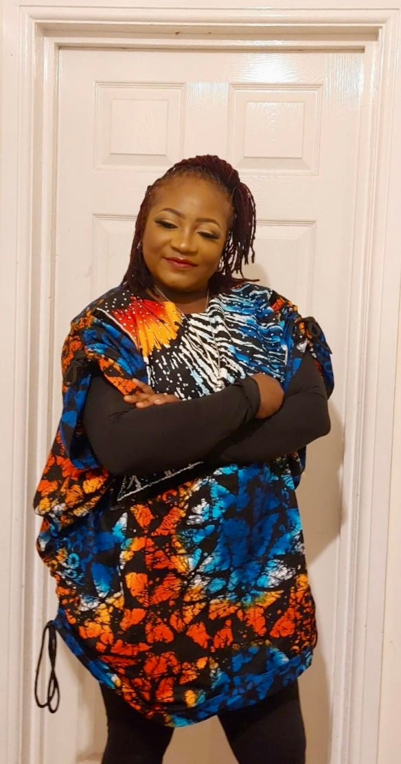 Orente - African Print Woman Short Danshiki Tunic Maxi Shirt Dress Multi coloured Top string with adjustable shoulder and hem Fits UK S - XXL