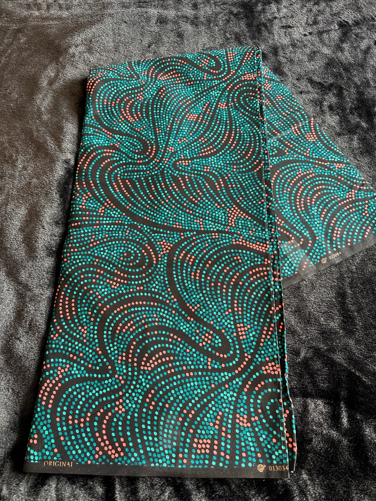 Huru - African Ankara Kitenge Cotton Dressmaking Crafter Fabric Sold by the Yard Multicolored Green/Orange/Black Swirl Dot Patterned Fabric