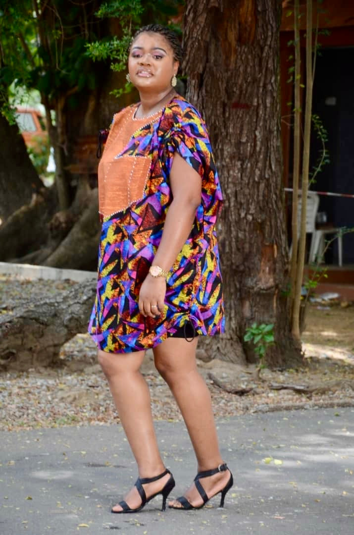 Orente - African Print Woman Short Danshiki Tunic Maxi Shirt Dress Multi coloured Top string with adjustable shoulder and hem Fits UK S - XXL