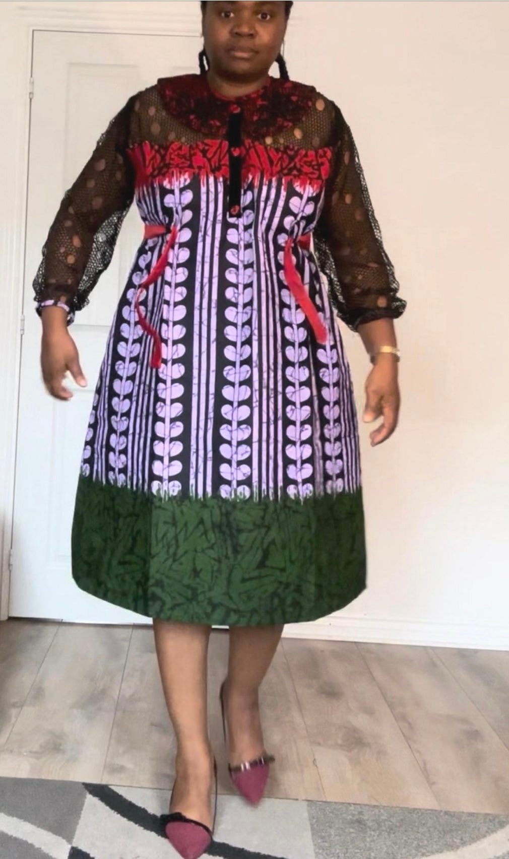 Uyọ - African Themed Ankara Kitenge Multicolour Tribal Patterned Dress with Soft Laced Long Sleeves, Sizes UK 12 - 22, African Fashion