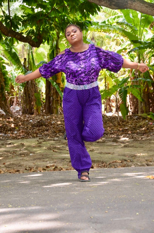 Somọ - Purple Ankara Baggy Jumpsuit Romper appliquéd and rhinestoned removable belt fastened at shoulder dual sized UK Medium to UK XXL