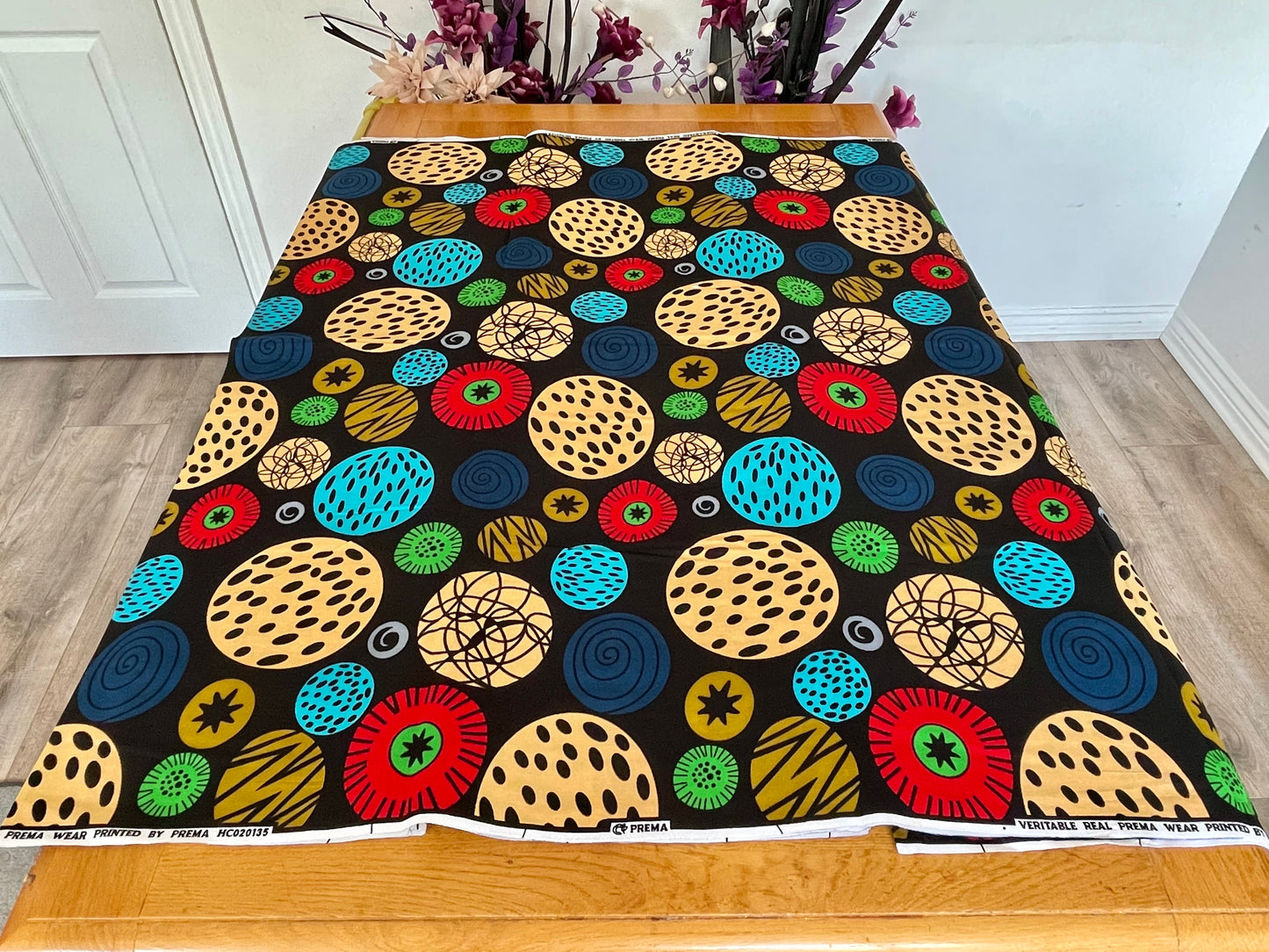 Masara - African Ankara Kitenge Cotton Dressmaking Crafter Fabric Sold by the Yard Multicolored Red/Black/Orange Circle Patterned Fabric