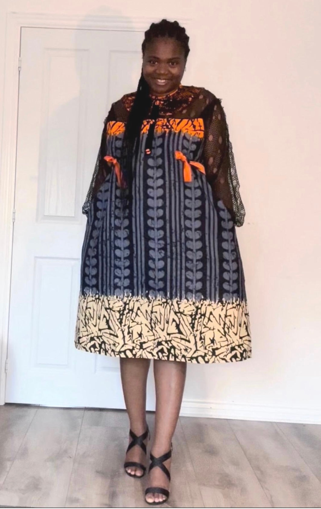 Uyọ - African Themed Ankara Kitenge Multicolour Tribal Patterned Dress with Soft Laced Long Sleeves, Sizes UK 12 - 22, African Fashion
