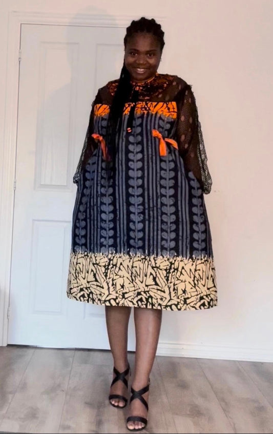 Uyọ - African Themed Ankara Kitenge Multicolour Tribal Patterned Dress with Soft Laced Long Sleeves, Sizes UK 12 - 22, African Fashion