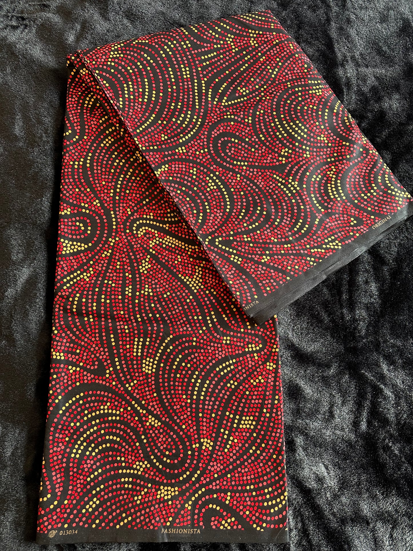 Ije - African Ankara Kitenge Cotton Dressmaking Crafter Fabric Sold by the Yard Multicolored Red/Yellow/Black Swirl and Dot Patterned Fabric