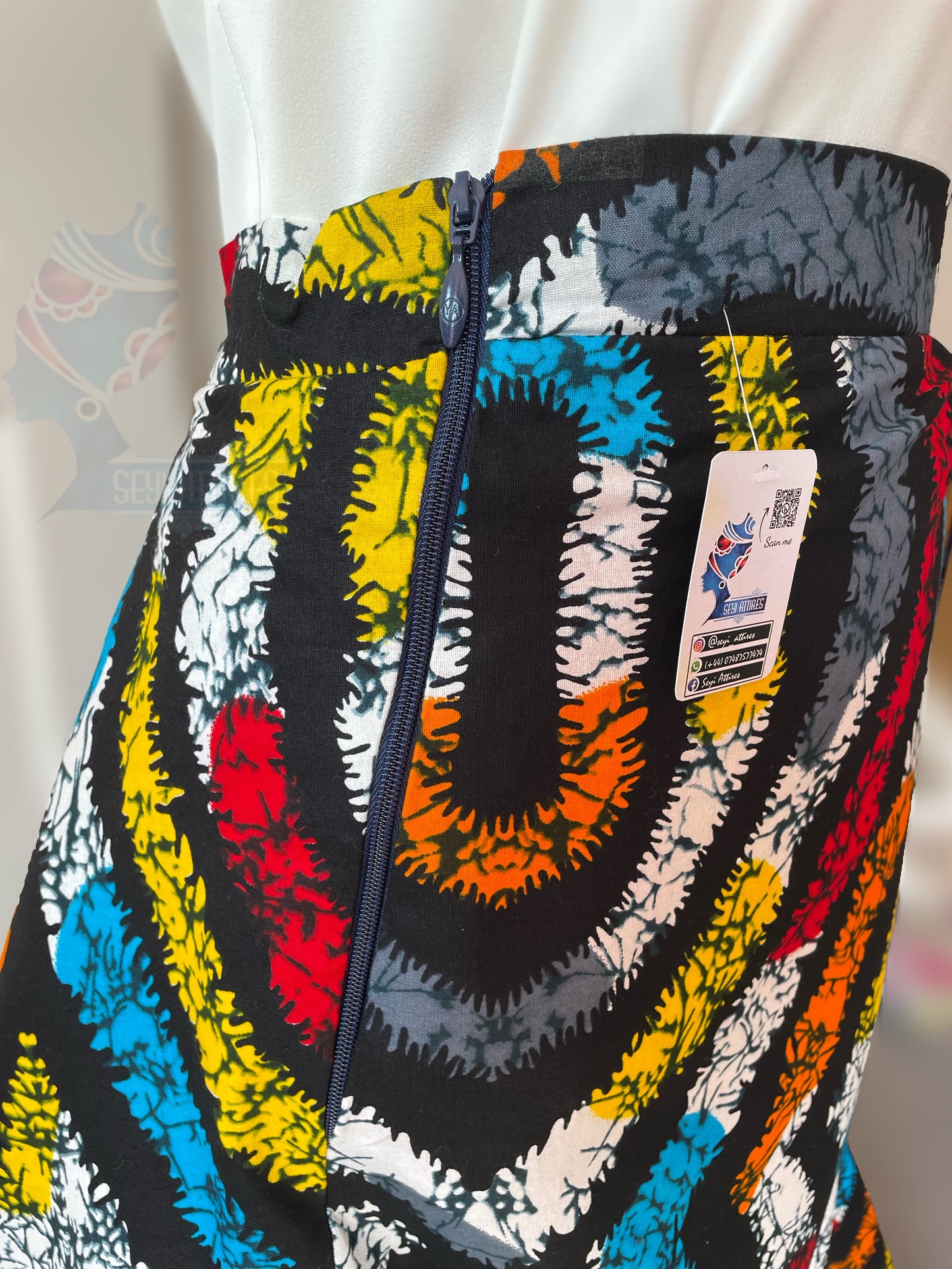 Aduke - African Themed Ankara Kitenge Multicoloured Tribal Maxi Skirt with lining, pockets and zipped slit