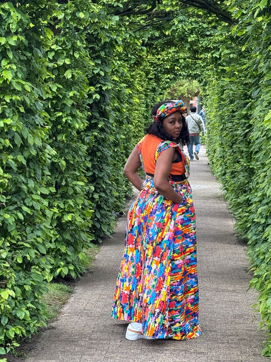 Folashade - Bold Ankara Multicolor Reversible Layered Kimono Dress Set with Front Tie, Pockets & Matching Headwrap