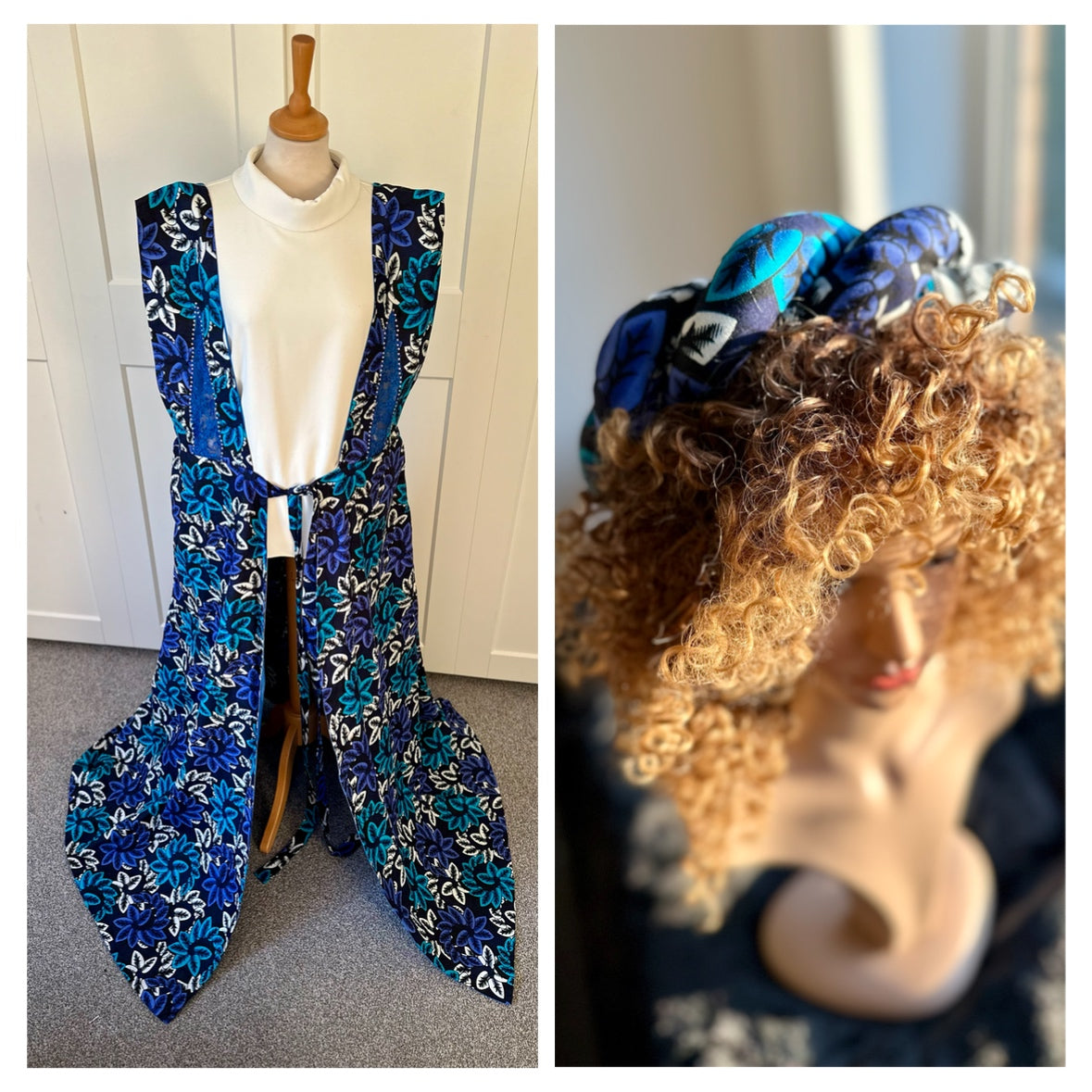 Folashade - Bold Ankara Multicolor Reversible Layered Kimono Dress Set with Front Tie, Pockets & Matching Headwrap