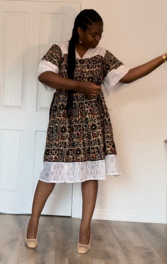 Aadun - African Themed Ankara Kitenge Black Brown Tribal Patterned Dress with Soft Lace, Sizes UK 12 - 20, African Dress, African Fashion