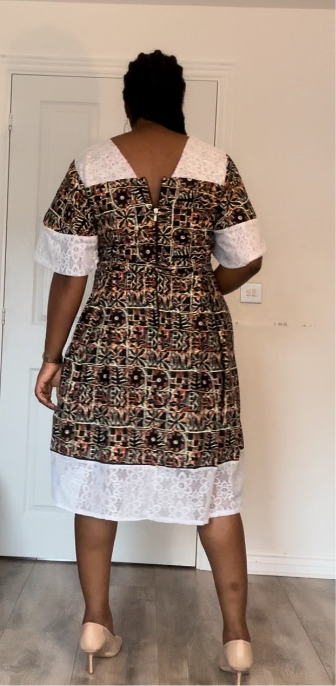 Aadun - African Themed Ankara Kitenge Black Brown Tribal Patterned Dress with Soft Lace, Sizes UK 12 - 20, African Dress, African Fashion