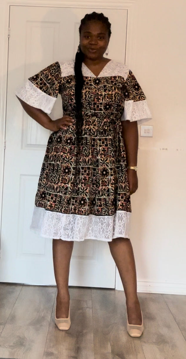 Aadun - African Themed Ankara Kitenge Black Brown Tribal Patterned Dress with Soft Lace, Sizes UK 12 - 20, African Dress, African Fashion