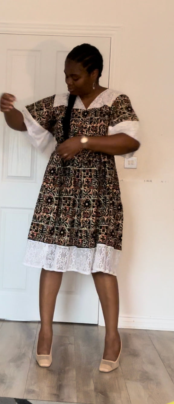 Aadun - African Themed Ankara Kitenge Black Brown Tribal Patterned Dress with Soft Lace, Sizes UK 12 - 20, African Dress, African Fashion