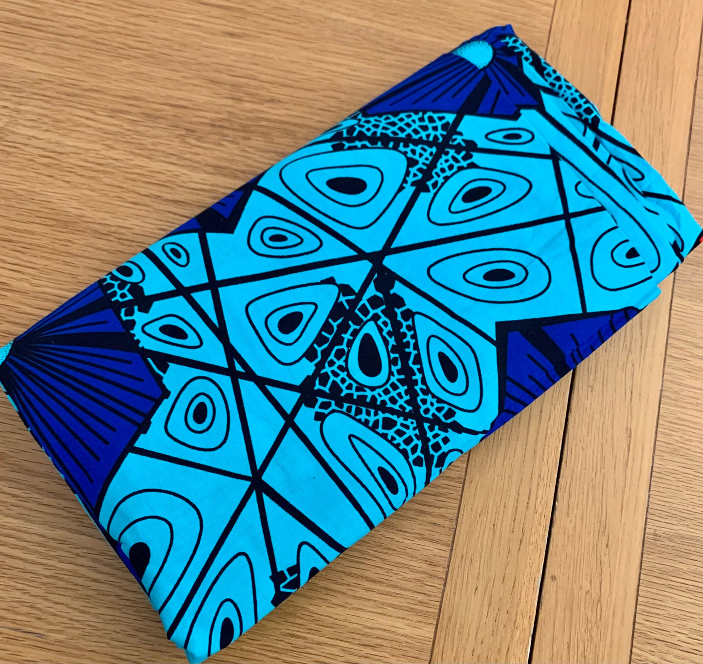 Àshírí - African Ankara Kitenge Cotton Dressmaking Fabric Sold by the Yard Multicolored Blue/Orange Hexagon Geometric Design