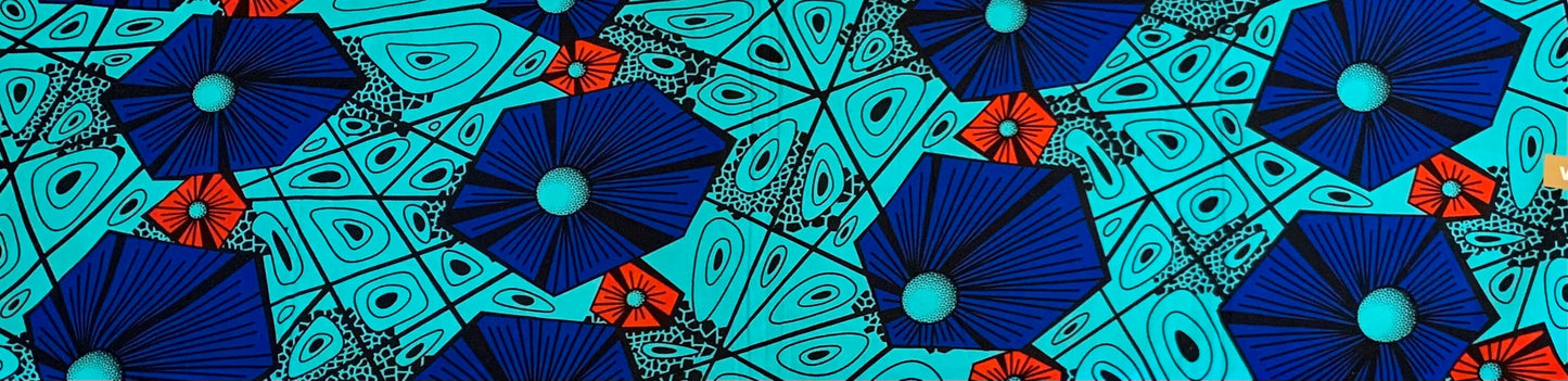 Àshírí - African Ankara Kitenge Cotton Dressmaking Fabric Sold by the Yard Multicolored Blue/Orange Hexagon Geometric Design