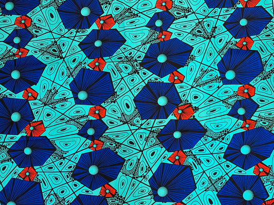 Àshírí - African Ankara Kitenge Cotton Dressmaking Fabric Sold by the Yard Multicolored Blue/Orange Hexagon Geometric Design