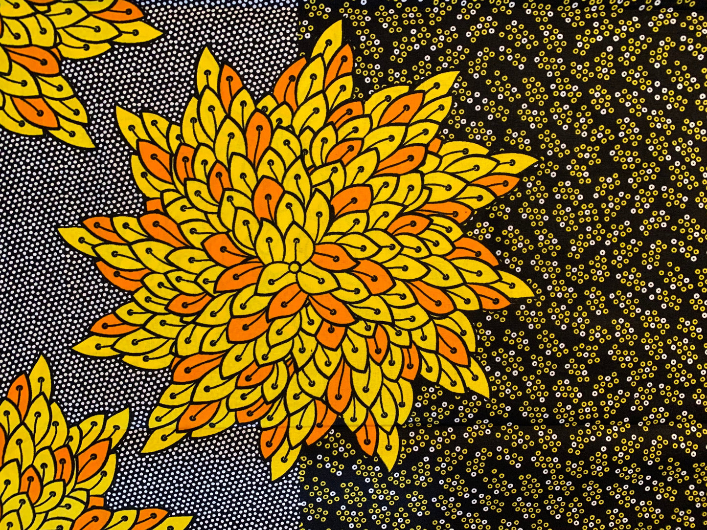 Ovie - African Ankara Kitenge Cotton Dressmaking Fabric Sold by the Yard Multicolored Yellow/Orange/Grey/Black Floral Design