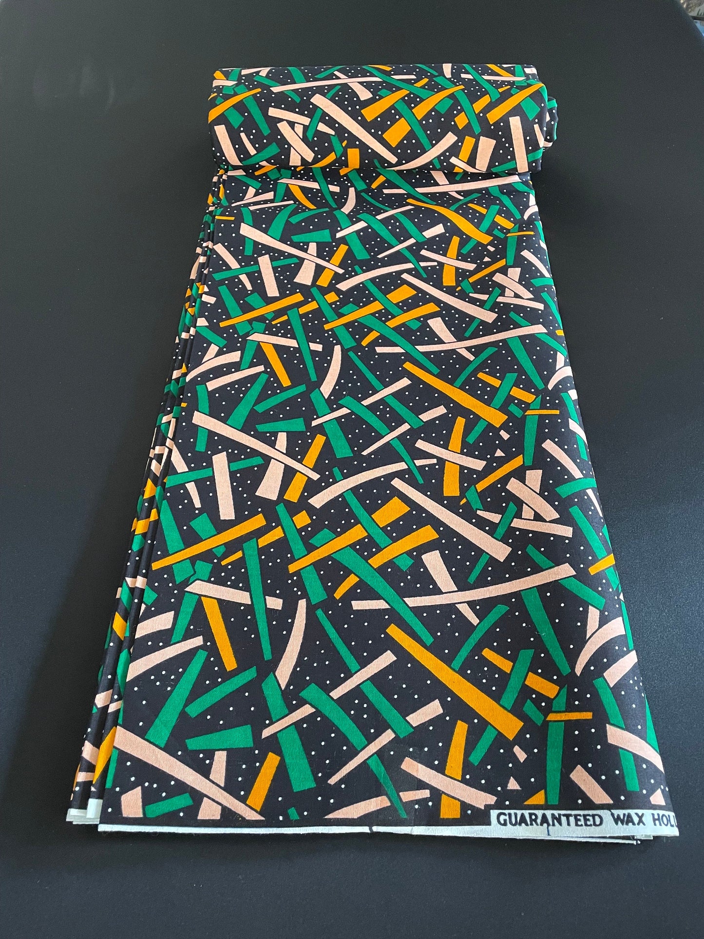 Koriko- African Ankara Kitenge Cotton Dressmaking Fabric Sold by the Yard Multicolored Green/White/Black/Orange Tribal Striped Design