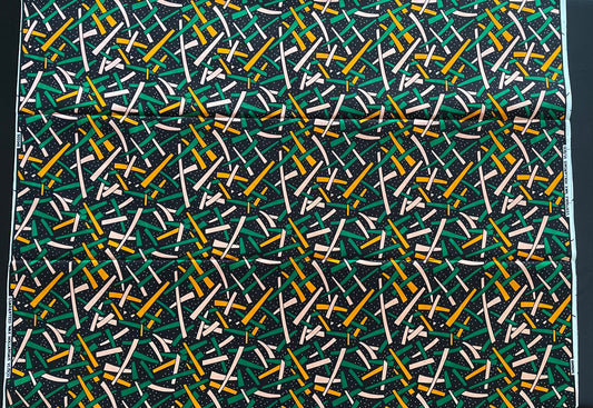 Koriko- African Ankara Kitenge Cotton Dressmaking Fabric Sold by the Yard Multicolored Green/White/Black/Orange Tribal Striped Design