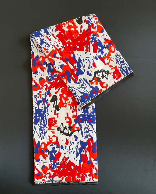 Sosa - African Ankara Kitenge Cotton Dressmaking Quilting Crafter Fabric Sold by the Yard Red/Orange /Blue/White Camouflage Patterned Fabric