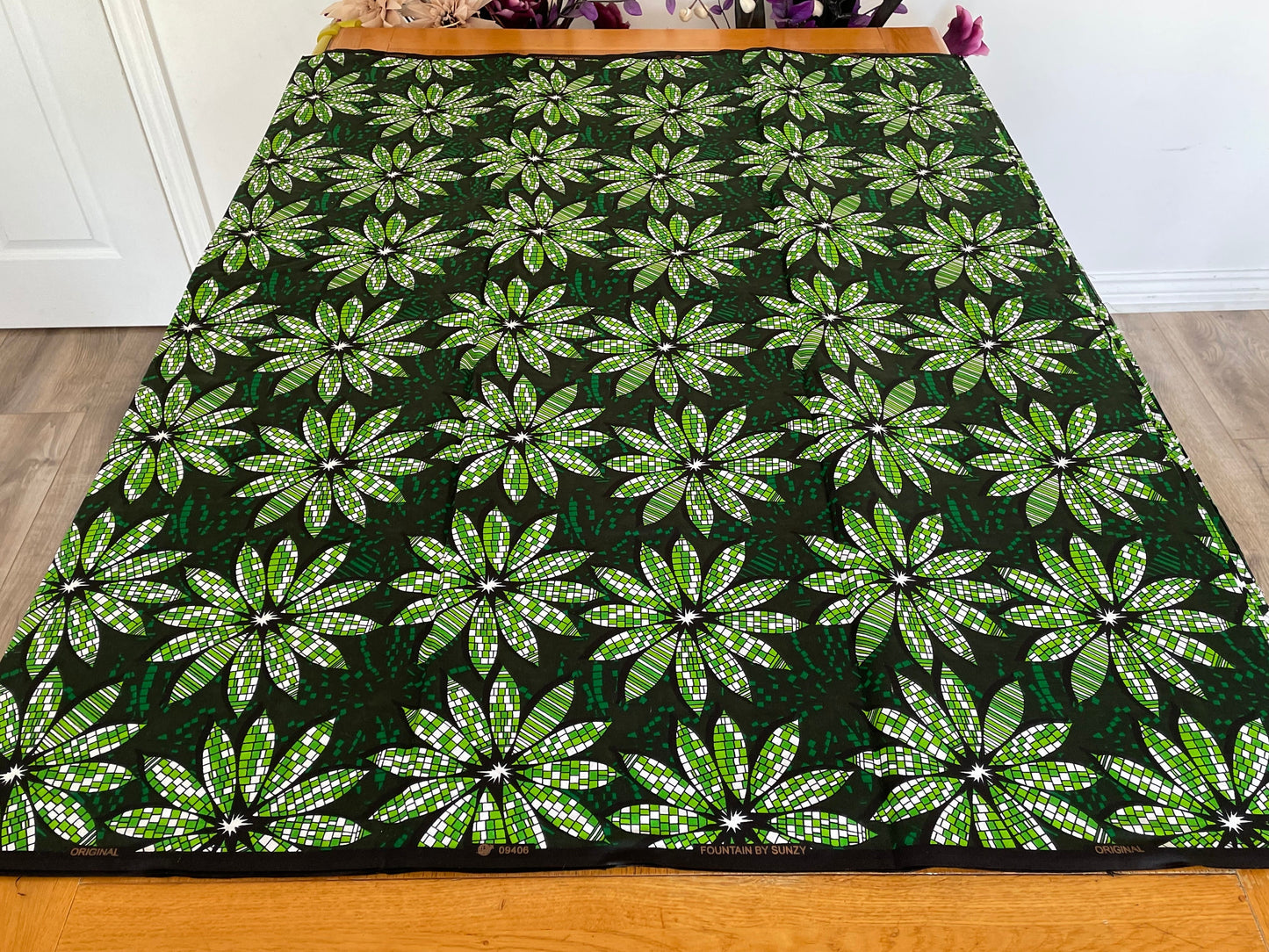 Bolu - African Ankara Kitenge Cotton Dressmaking Crafter Fabric Sold by the Yard Multicolored Green/Black/White Floral Patterned Fabric
