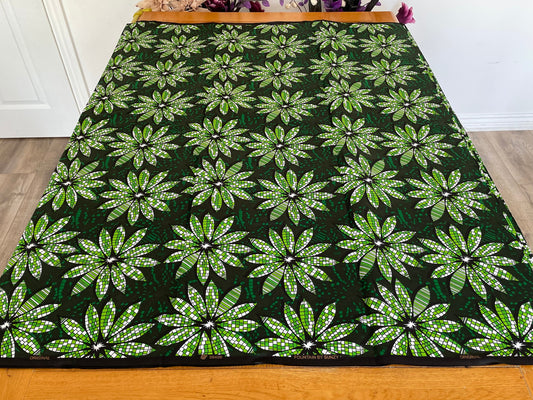 Bolu - African Ankara Kitenge Cotton Dressmaking Crafter Fabric Sold by the Yard Multicolored Green/Black/White Floral Patterned Fabric