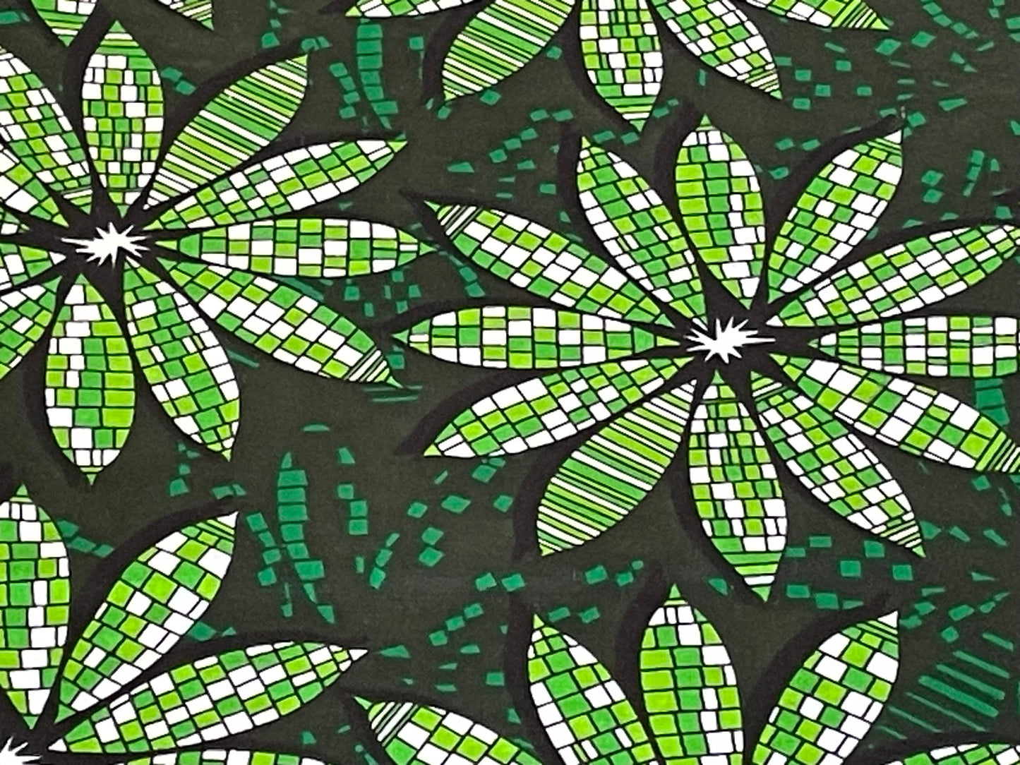 Bolu - African Ankara Kitenge Cotton Dressmaking Crafter Fabric Sold by the Yard Multicolored Green/Black/White Floral Patterned Fabric