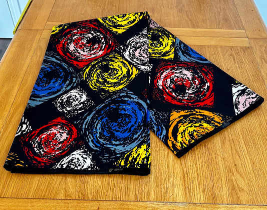Nola - African Ankara Kitenge Cotton Dressmaking Crafter Fabric Sold by the Yard Multicolored Red/Yellow/Blue/Black/Swirl Patterned Fabric
