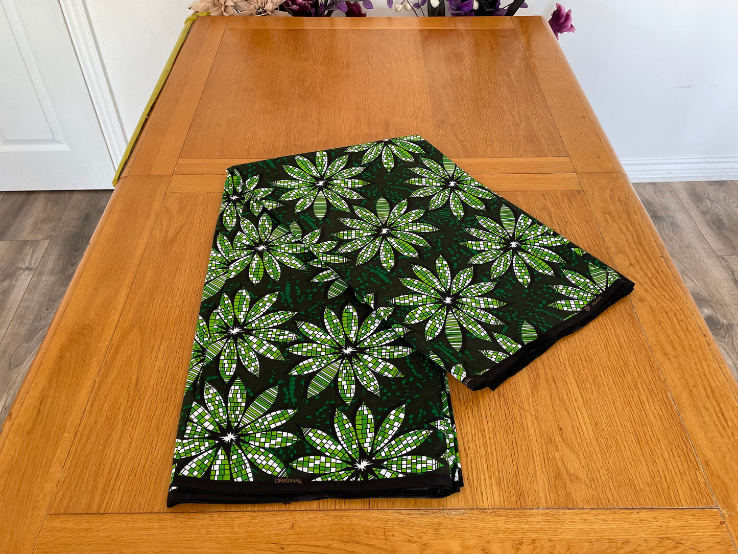 Bolu - African Ankara Kitenge Cotton Dressmaking Crafter Fabric Sold by the Yard Multicolored Green/Black/White Floral Patterned Fabric
