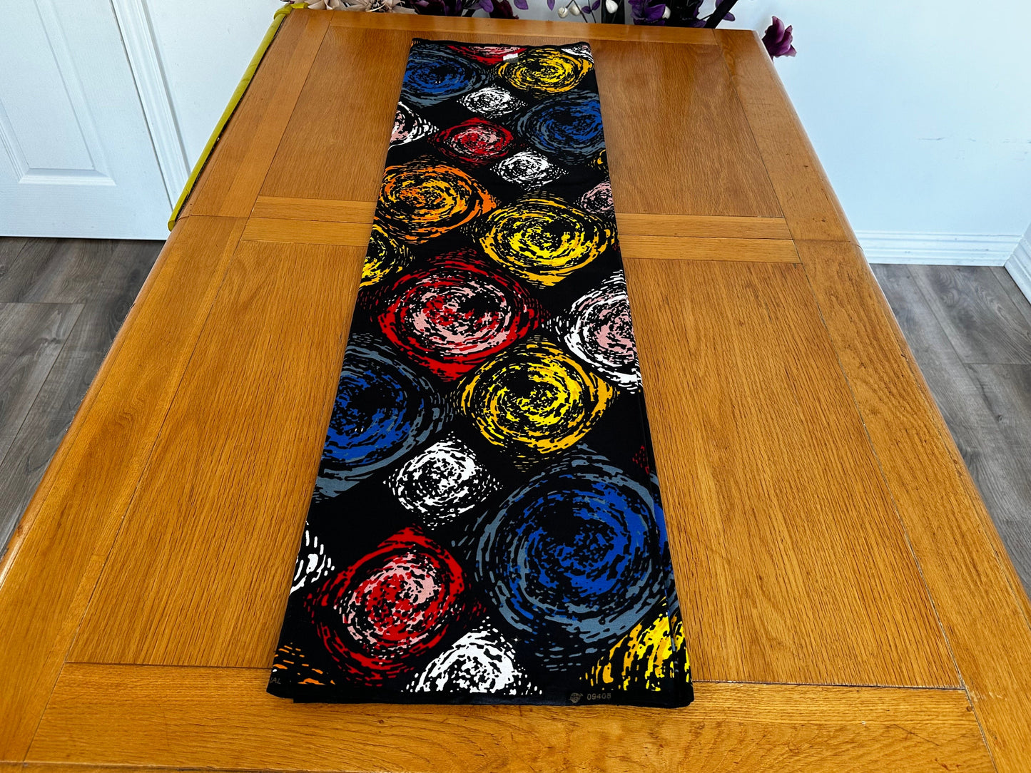 Nola - African Ankara Kitenge Cotton Dressmaking Crafter Fabric Sold by the Yard Multicolored Red/Yellow/Blue/Black/Swirl Patterned Fabric