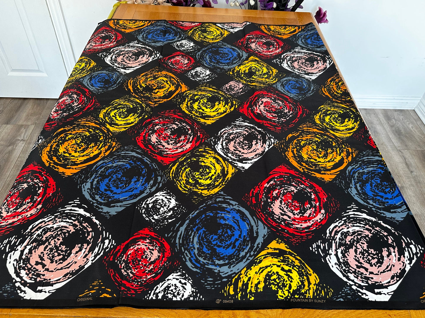 Nola - African Ankara Kitenge Cotton Dressmaking Crafter Fabric Sold by the Yard Multicolored Red/Yellow/Blue/Black/Swirl Patterned Fabric