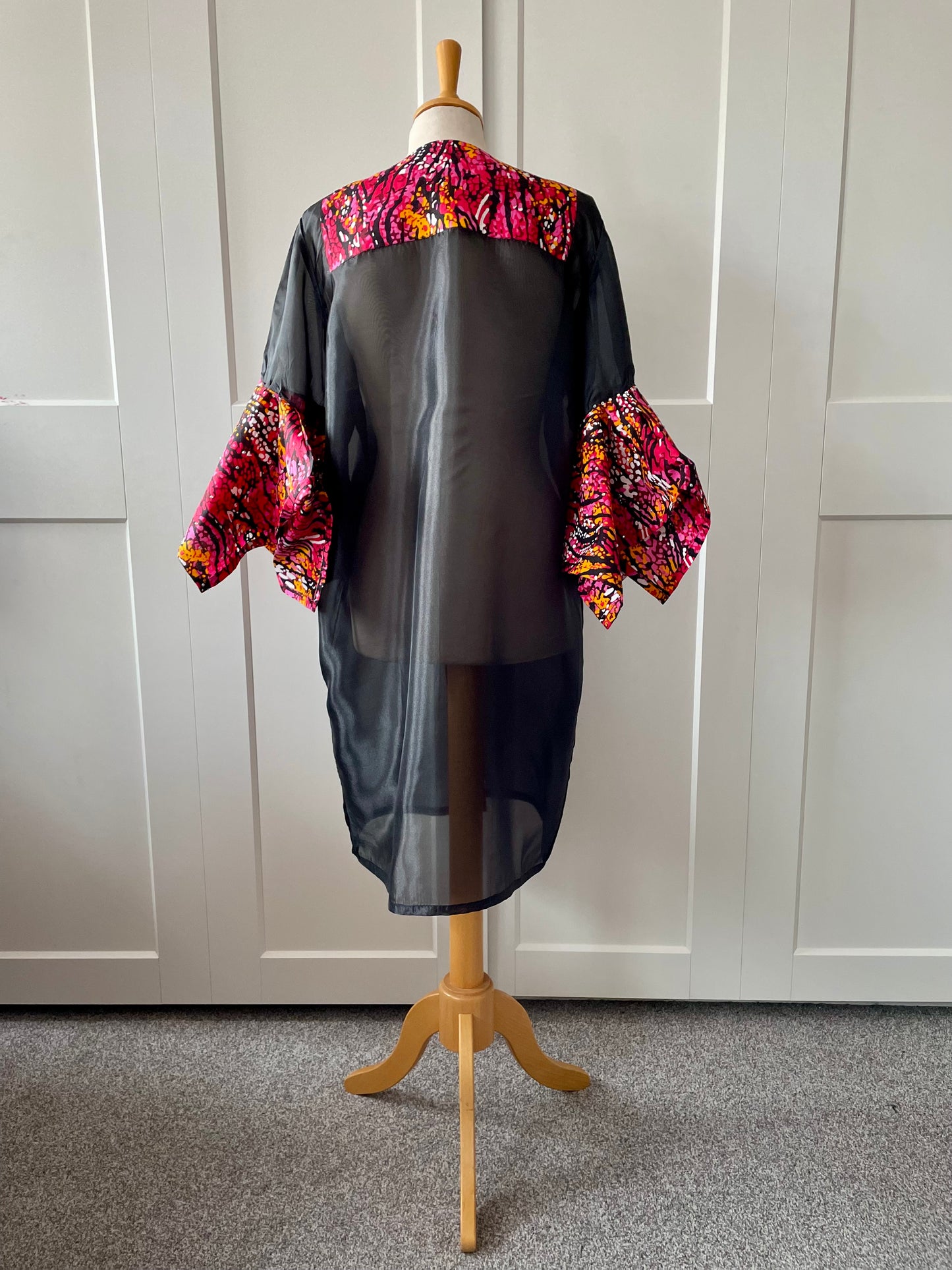 Konko - African Print Organdi Woman Short Tunic Swing Maxi Shirt Dress / Ruffle Sleeve Two Tone One Size Fits S - XL