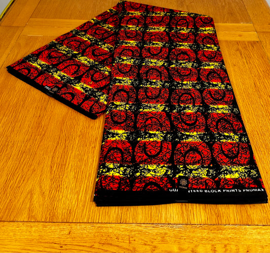 Epo - African Ankara Kitenge Cotton Dressmakiing Crafter Fabric Sold by the Yard Multicolored Red/Black/Yellow Geometric Patterned Fabric