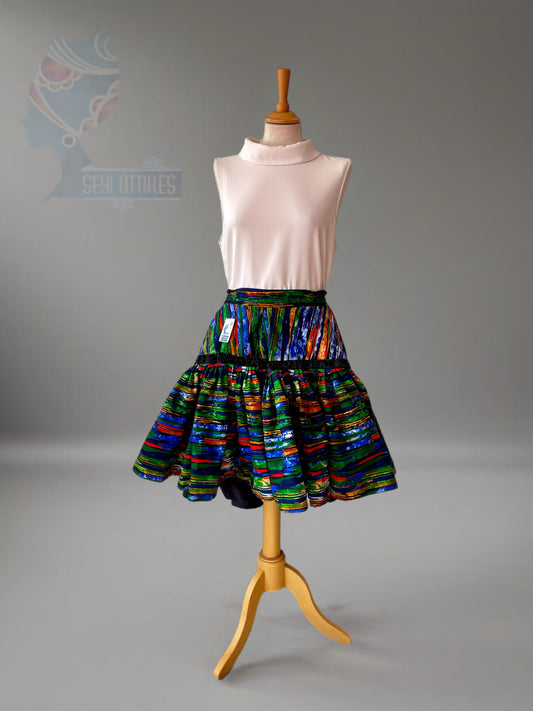 Rimi - African Themed Ankara Kitenge Multicoloured Striped patterned Tribal Short Asymmetric Skirt with lining For up to Sizes UK 22