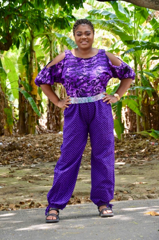 Somọ - Purple Ankara Baggy Jumpsuit Romper appliquéd and rhinestoned removable belt fastened at shoulder dual sized UK Medium to UK XXL