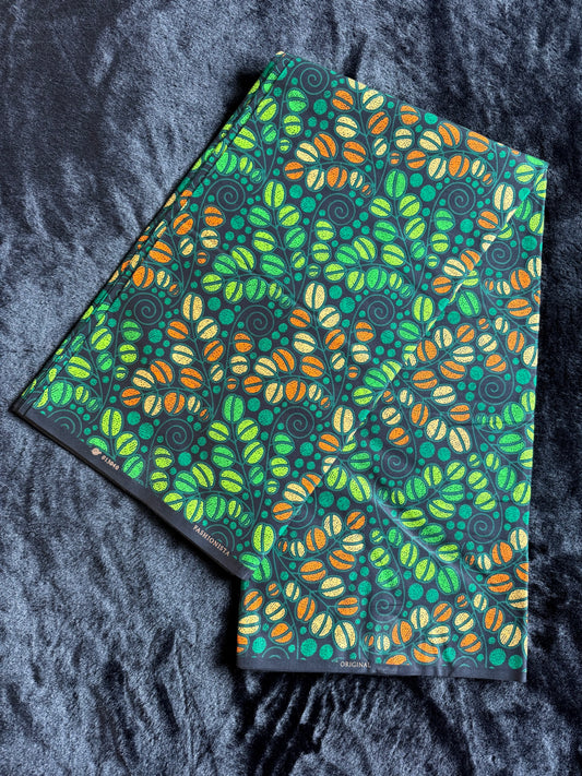 Moyo - African Ankara Kitenge Cotton Dressmaking Crafter Fabric Sold by the Yard Multicolored Green/Orange/Black Plant Patterned Fabric