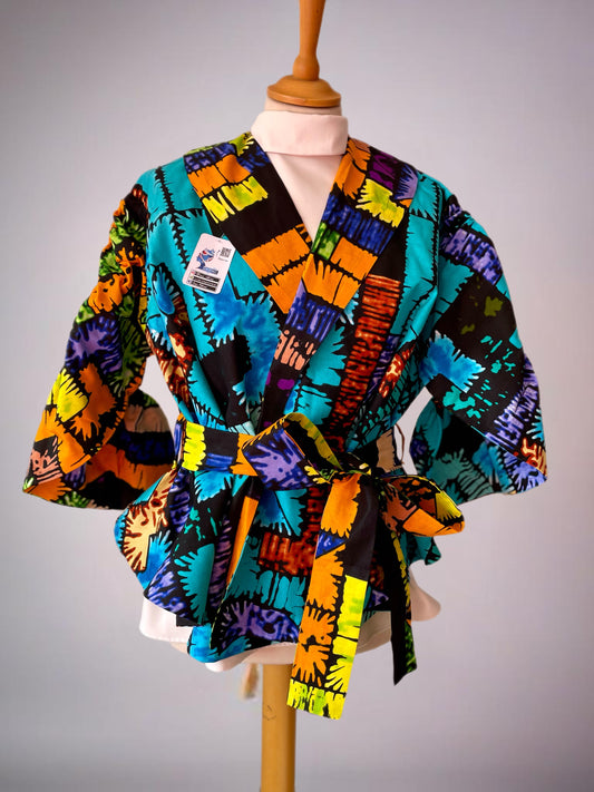 Wẹdo - African themed Ankara Kitenge Lined Wrap Jacket for women with extra long Belt, Dual-size in UK sizes Small, Medium, Large and XLARGE