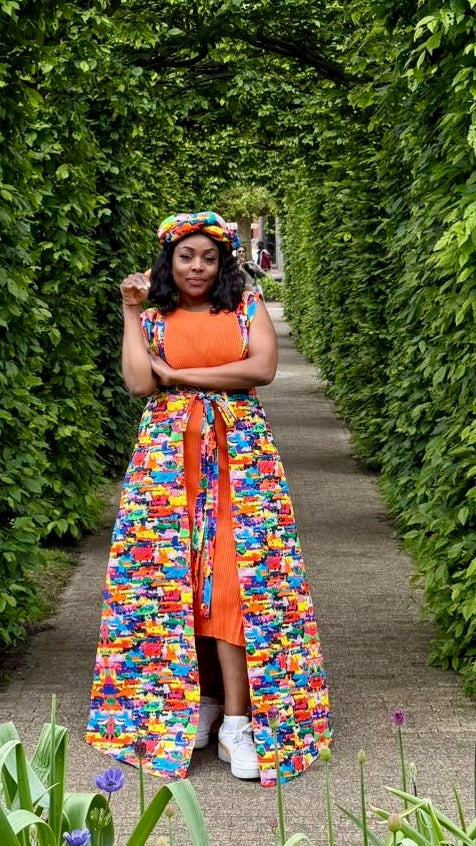 Folashade - Bold Ankara Multicolor Reversible Layered Kimono Dress Set with Front Tie, Pockets & Matching Headwrap