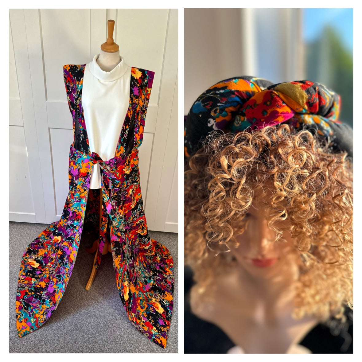 Folashade - Bold Ankara Multicolor Reversible Layered Kimono Dress Set with Front Tie, Pockets & Matching Headwrap